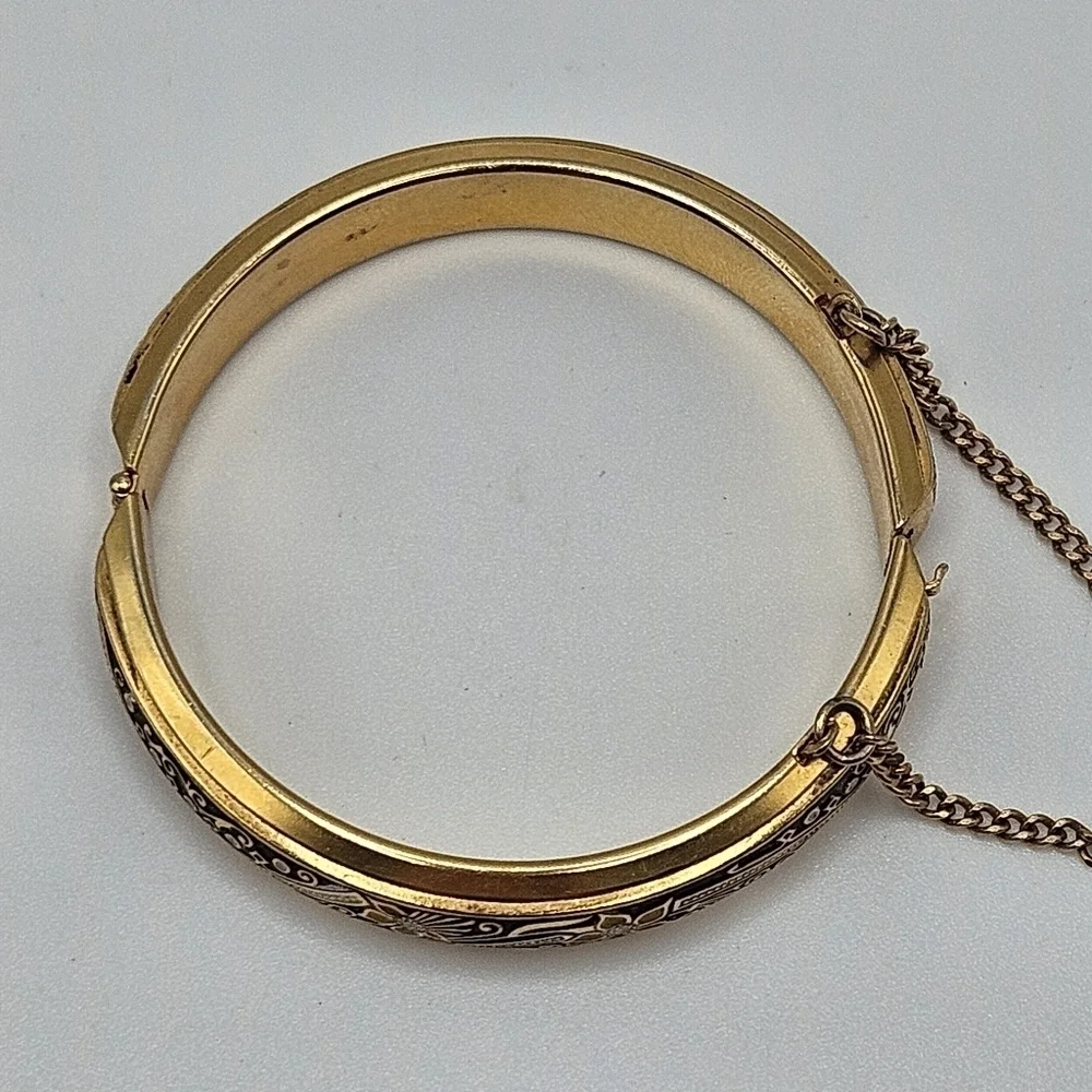VINTAGE Damascene Gold-Filled Etched Child Hinged Cuff Bracelet Bangle